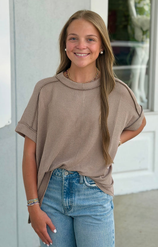 Raised Rib Cuff Sleeve Round Neck Tee, Cocoa
