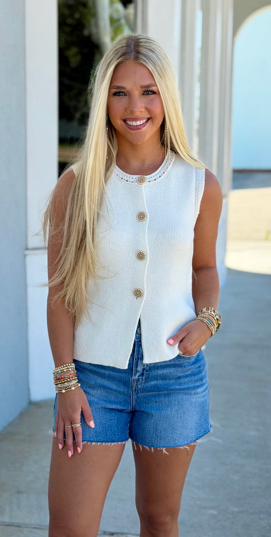 Gold Button Down Sweater Vest, Ivory
