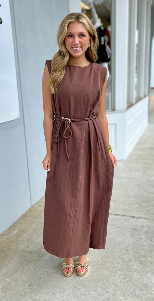 Espresso Slit Hem Midi Dress With Gold Belt