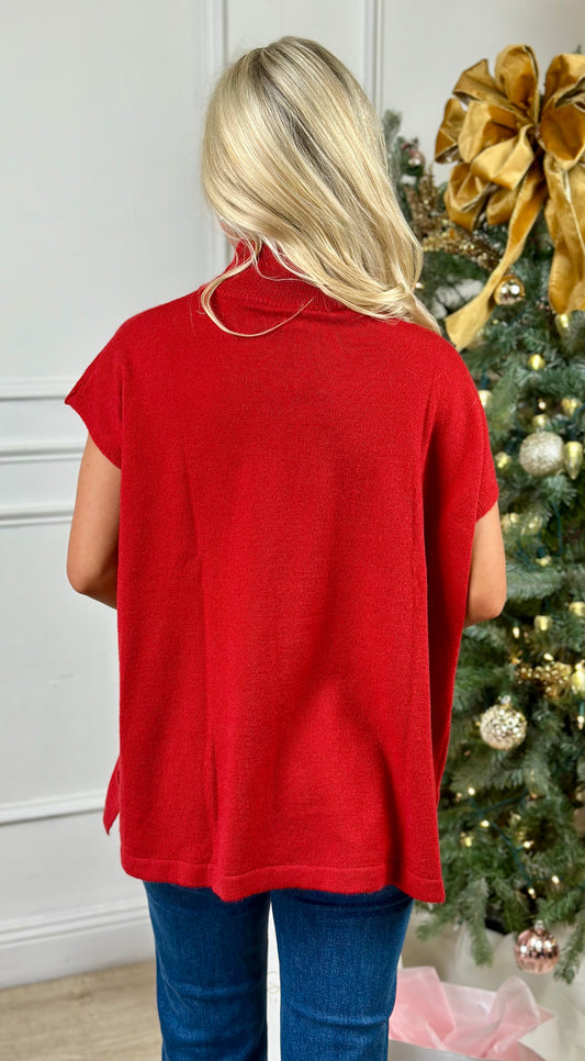 Mock Neck Short Sleeve Sweater, Red