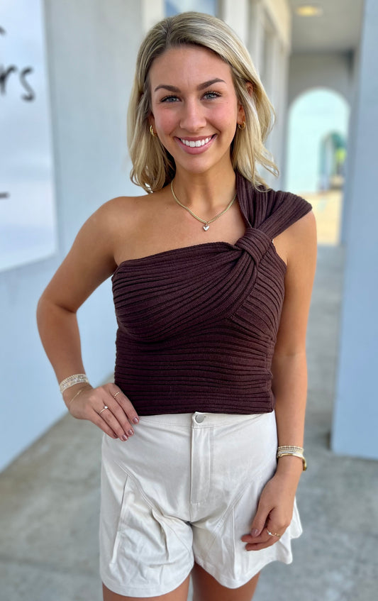 Chocolate One Shoulder Knit Sweater Top