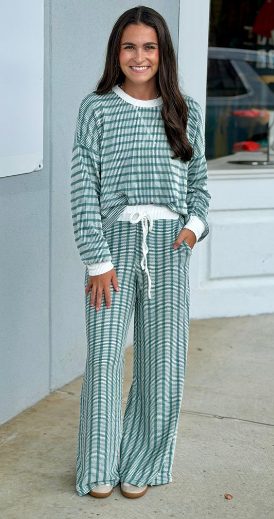 Raised Rib Striped Pullover & Pants SET, Dk Jade