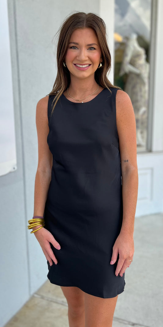 Black Draped Back Satin Mini Dress