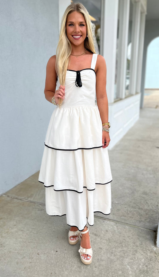 Cream/Black Midi Ruffle Dress With Bow Front