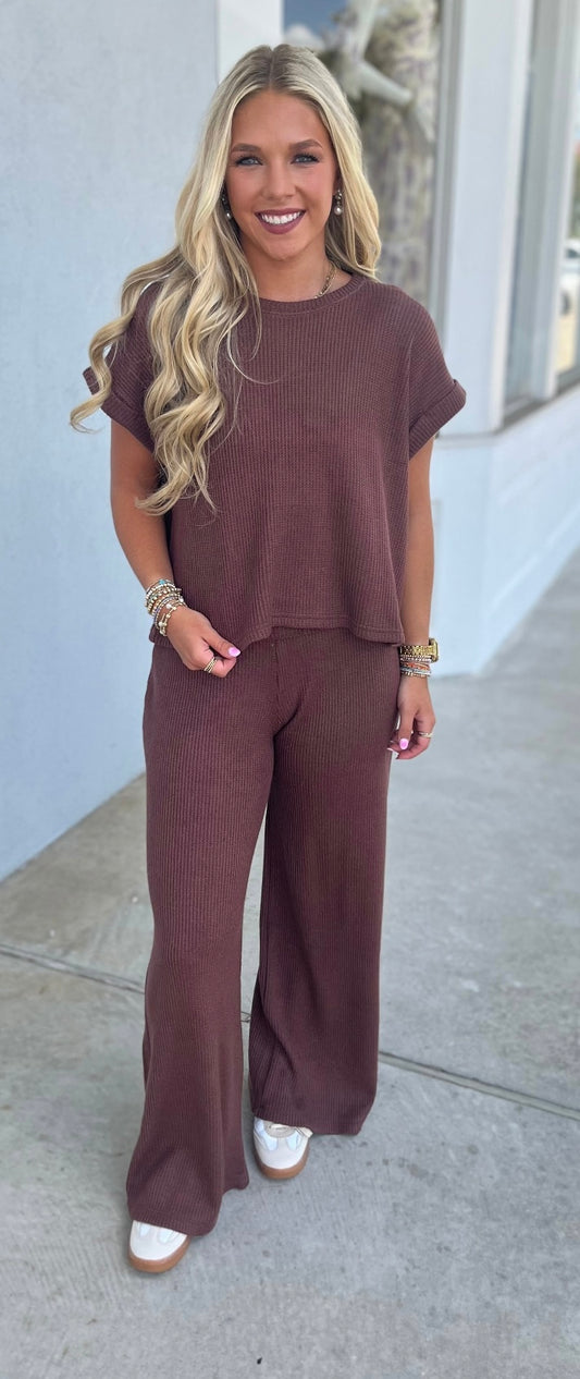 Sweater Rolled Sleeve Top & Pants SET, Brown