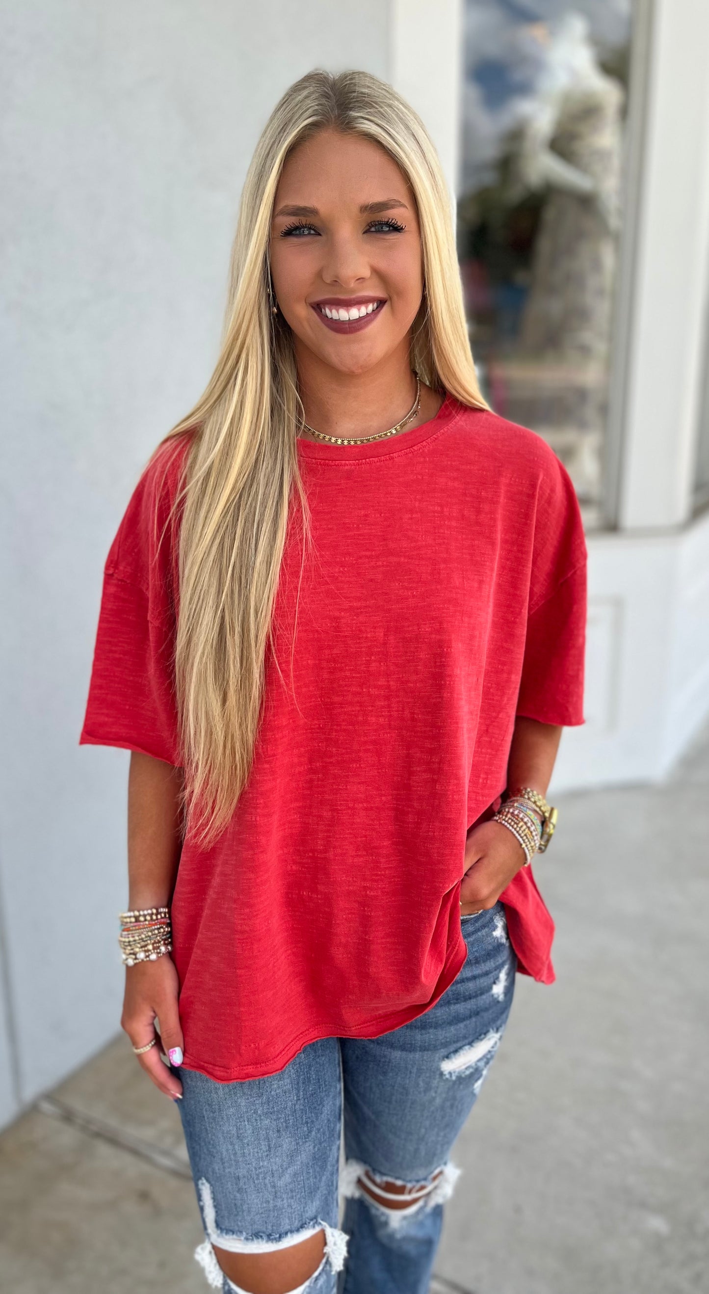 Knit Raw Edge Top, Tomato Red