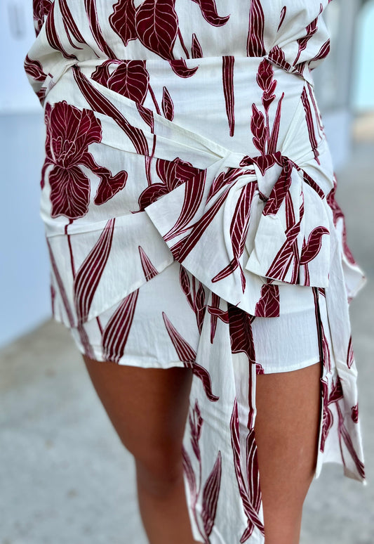 Burgundy Floral Front Tie Mini Skirt