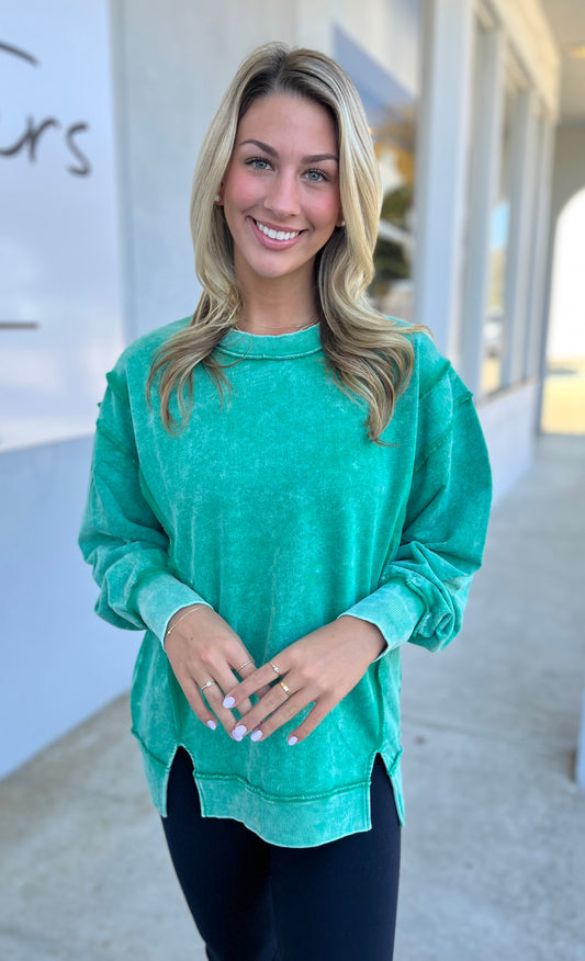 Acid Wash Exposed Seam Pullover, K Green