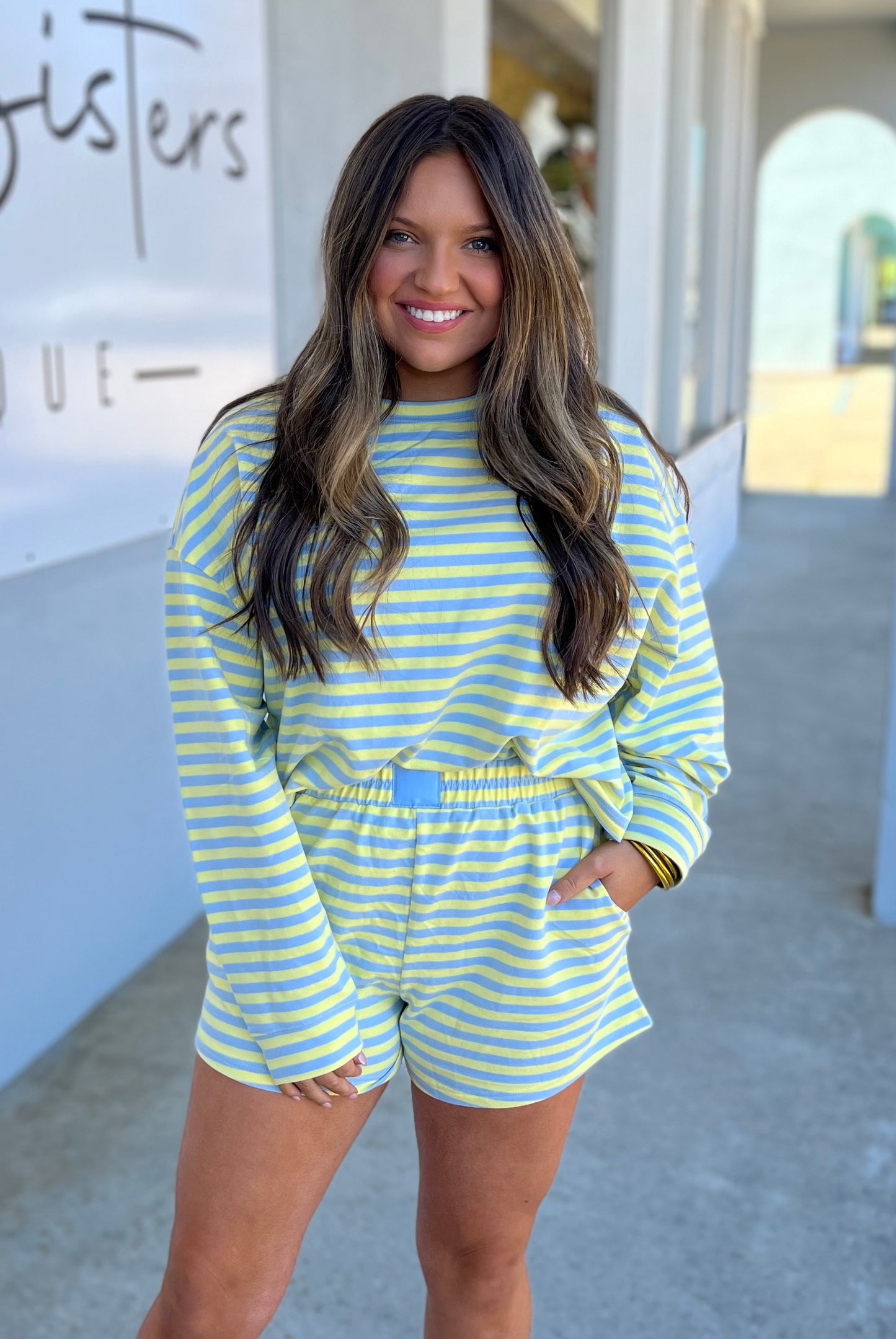 Striped Terry Sweat Shorts, Blue/Lemon