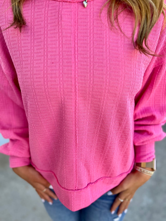 Raw Edge Textured Knit Top , Pink