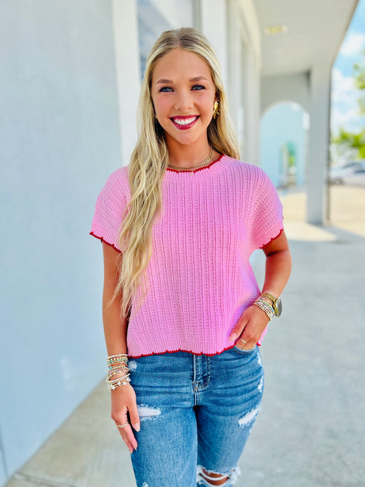 Blush/Red Textured Light Weight Sweater Dolman Top