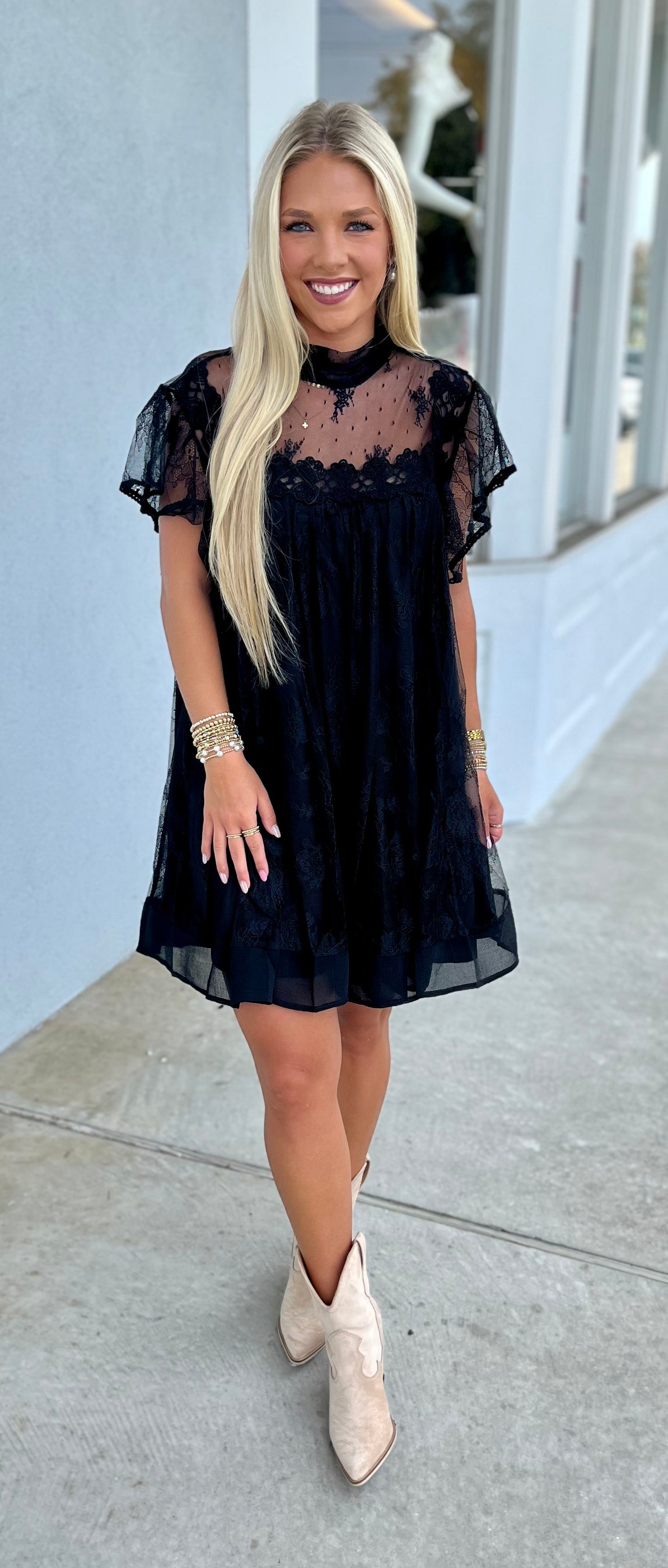 Black Lace Flutter Sleeve Mock Neck Dress