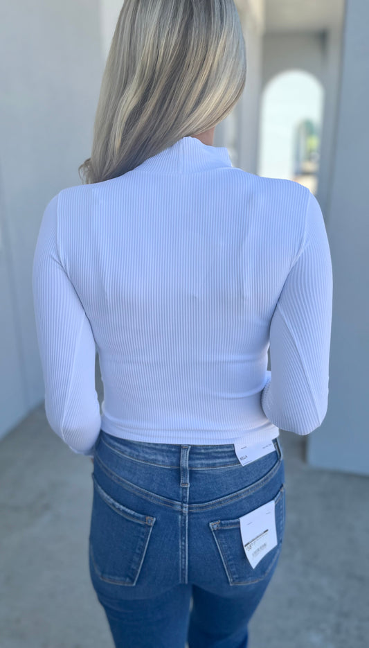 Ribbed Mock Neck Top , White