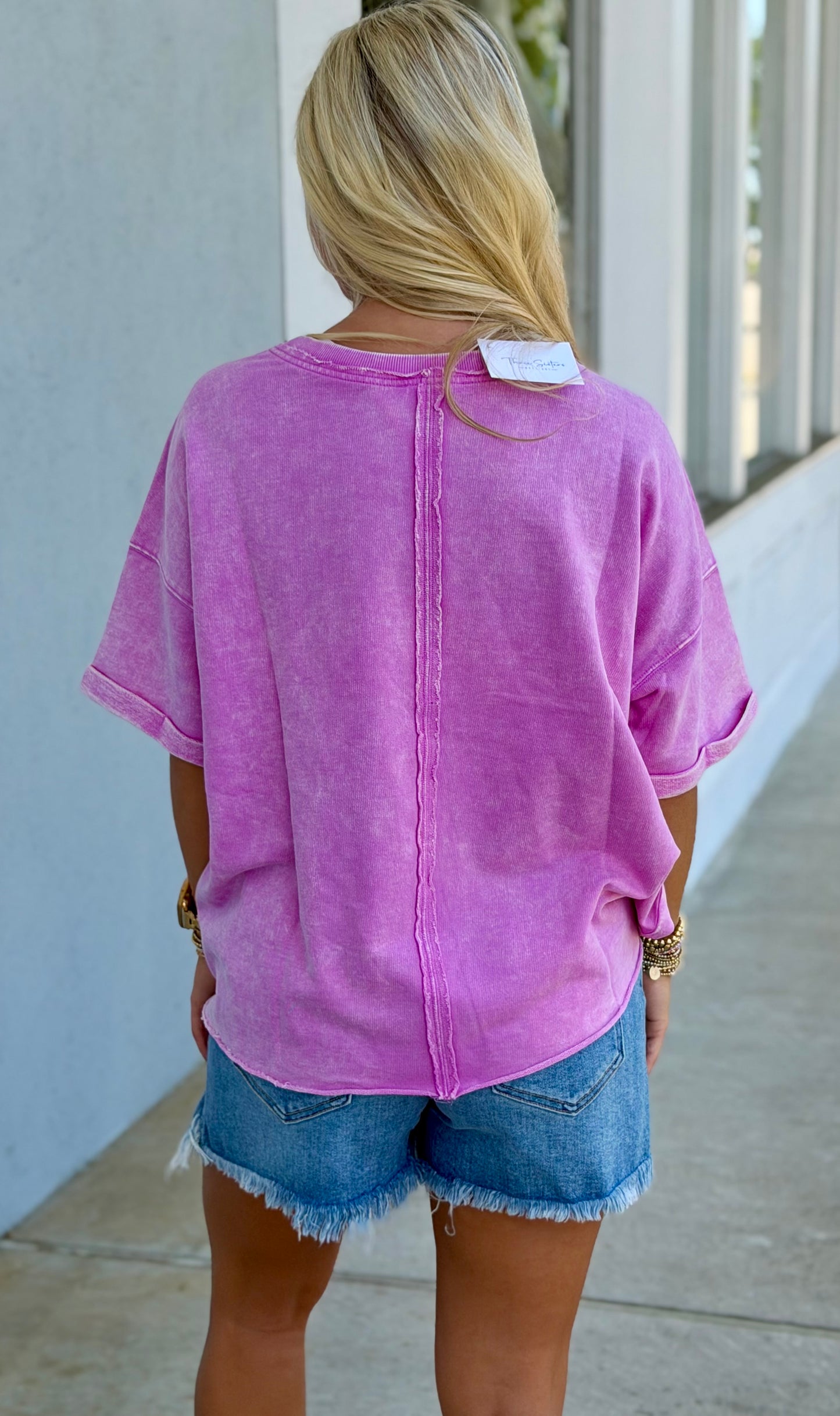 French Terry Acid Wash Tee, Bright Mauve
