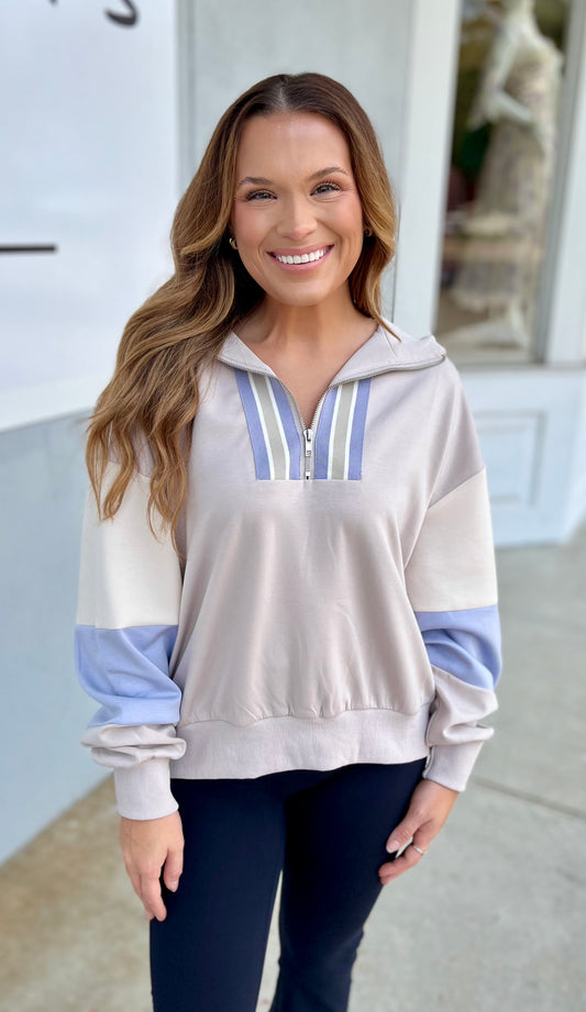 Stone/Blue Half Zip Color Block Sweatshirt