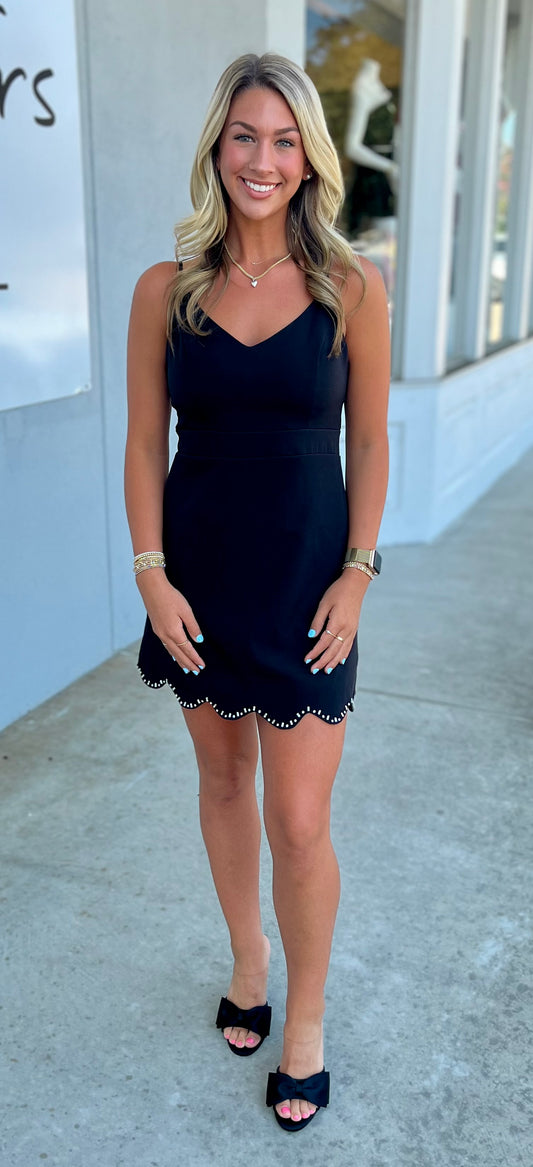 Rhinestone Scallop Edge Dress, Black