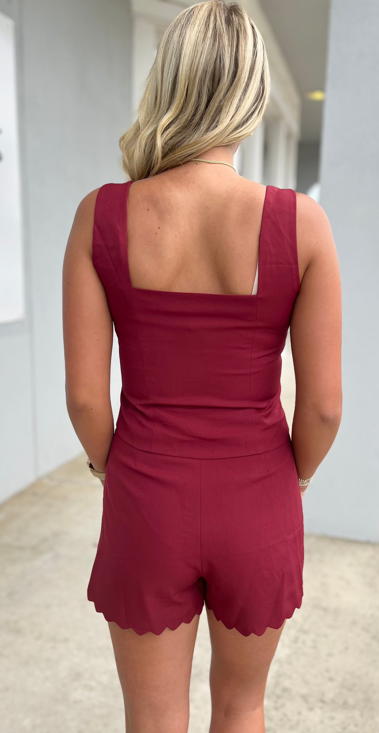 Burgundy Scallop Edge Romper With Button Down