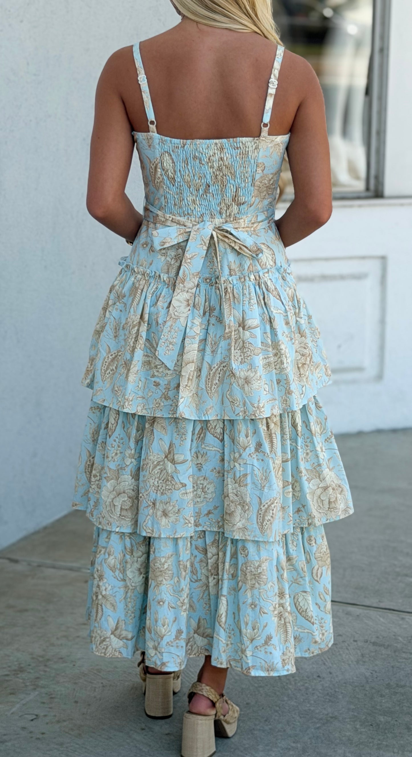 Floral Print Square Neck Tiered Ruffle Midi Dress