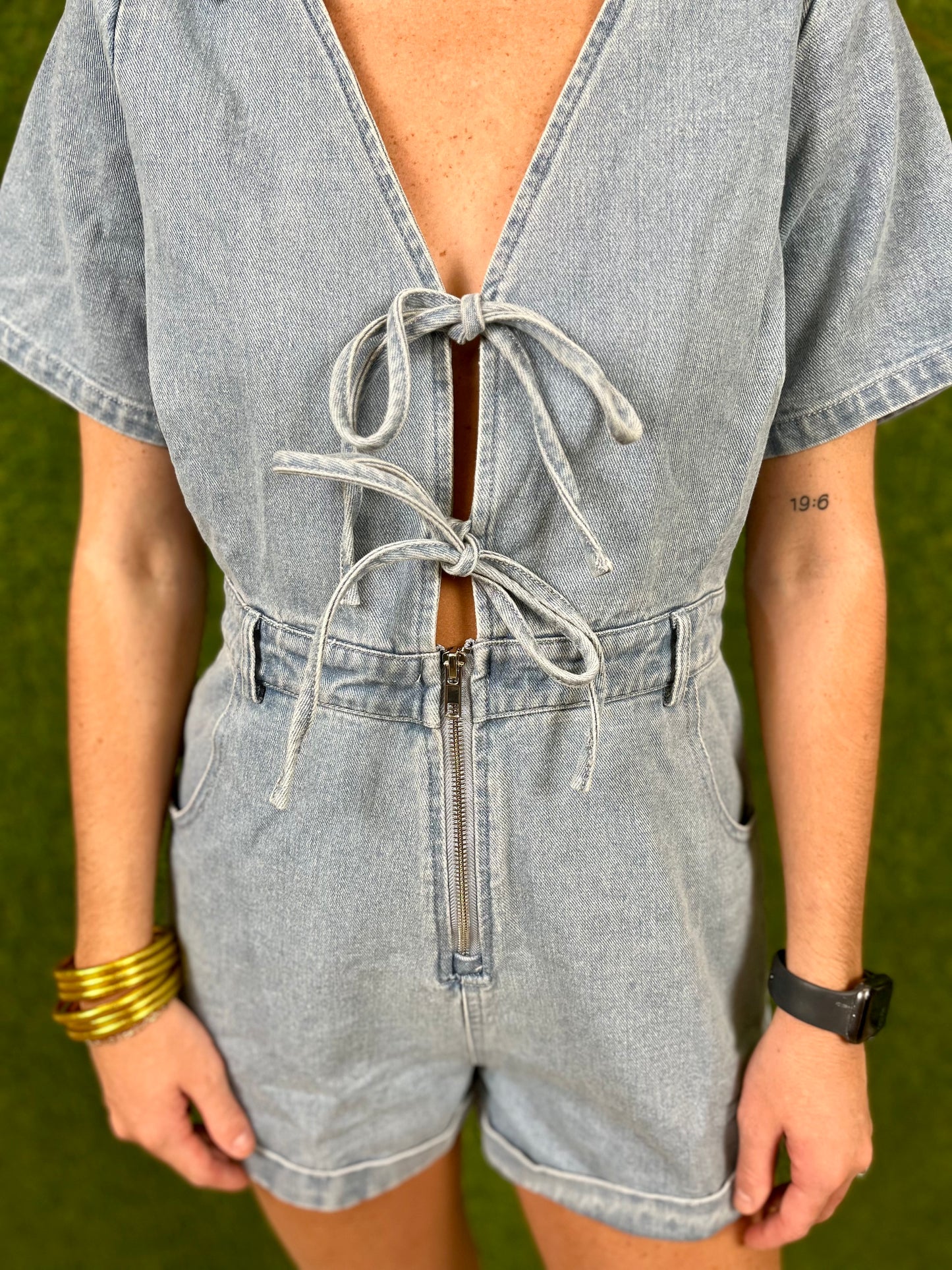 Washed Denim Double Front Tie Collared Romper