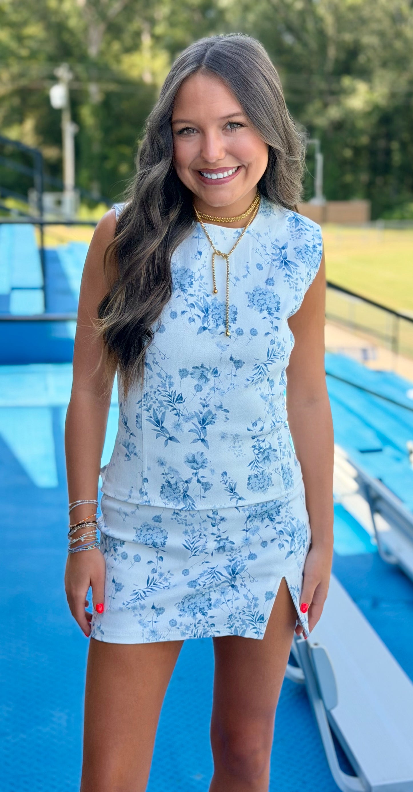 White/Blue Floral Cotton Back Top and Skirt SET