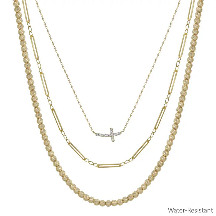 Triple Layered Beaded Necklace With Cross