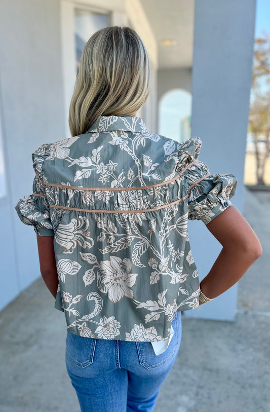 Sage Floral Babydoll Button Top
