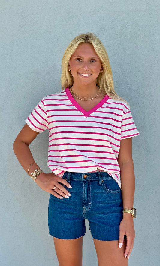 Striped V Neck Tee , Hot Pink