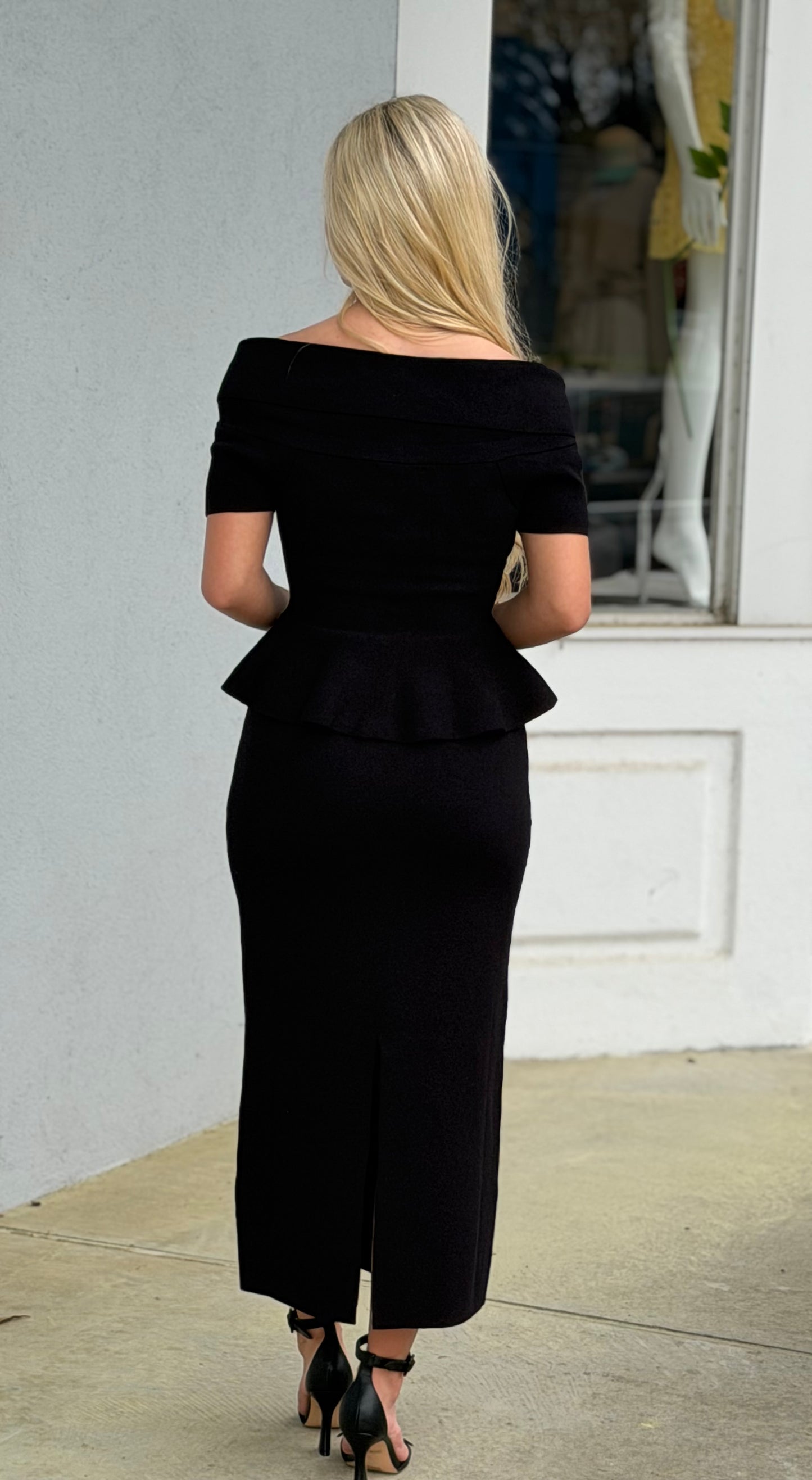 Black Off The Shoulder Knit Top and Midi Skirt SET