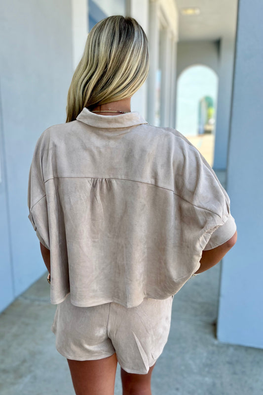 Ecru Suede Button Down Cropped Short Set