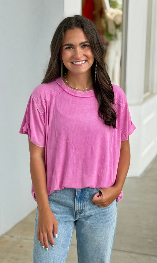 Washed Ribbed Boat Neck Top, Candy Pink