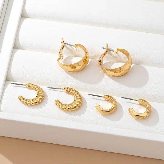 Mixed Texture Gold Crescent Hoop Trio