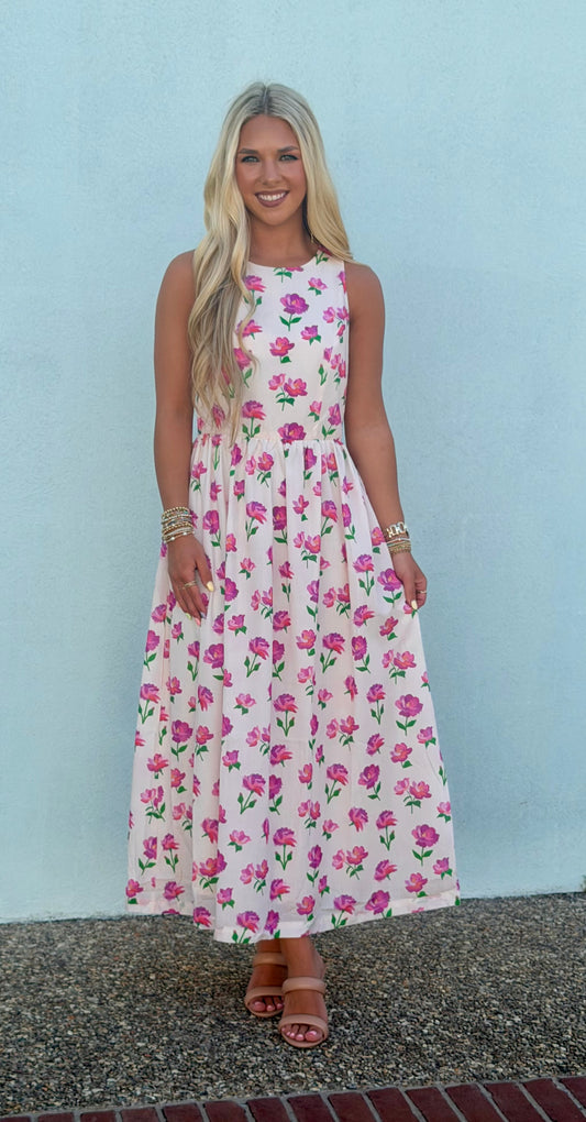 Floral Back Bow Tie Midi Dress
