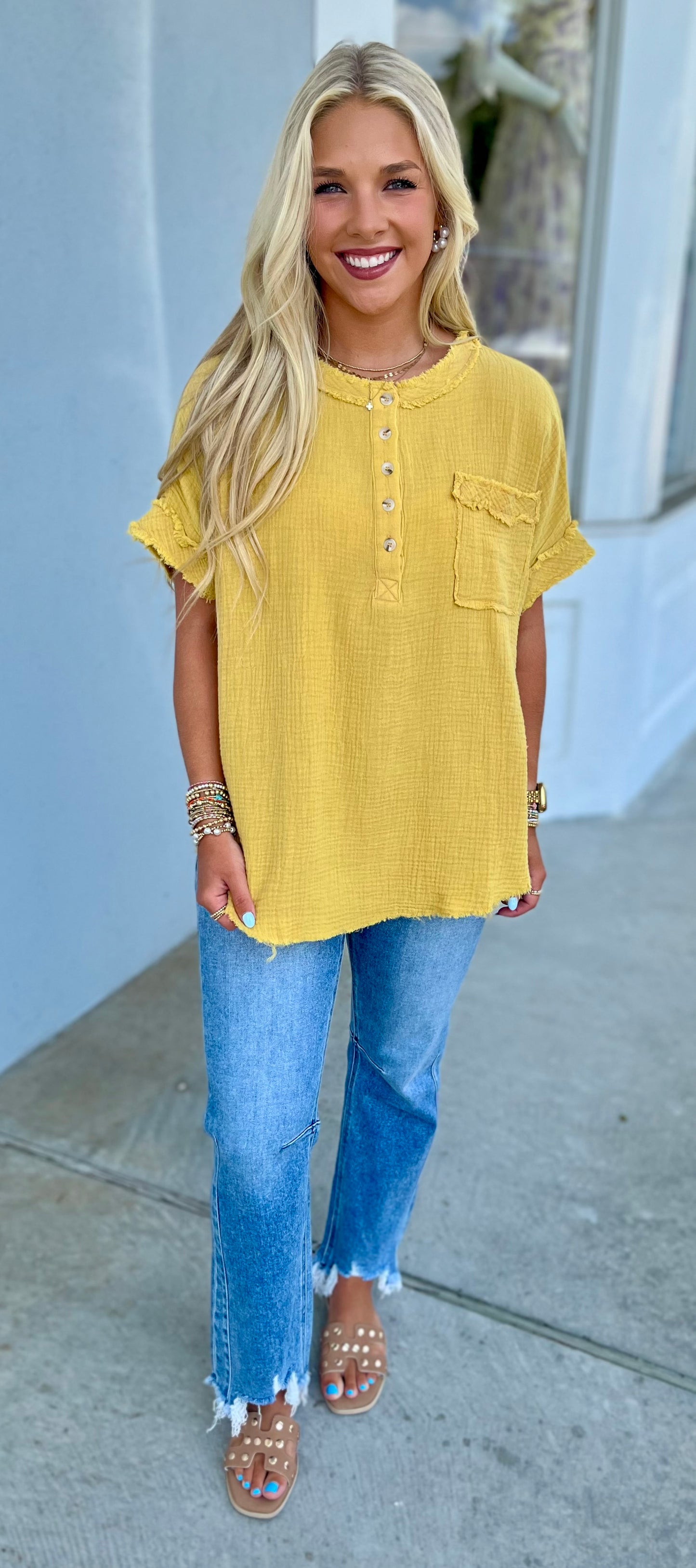 Mustard Gauze Button Top