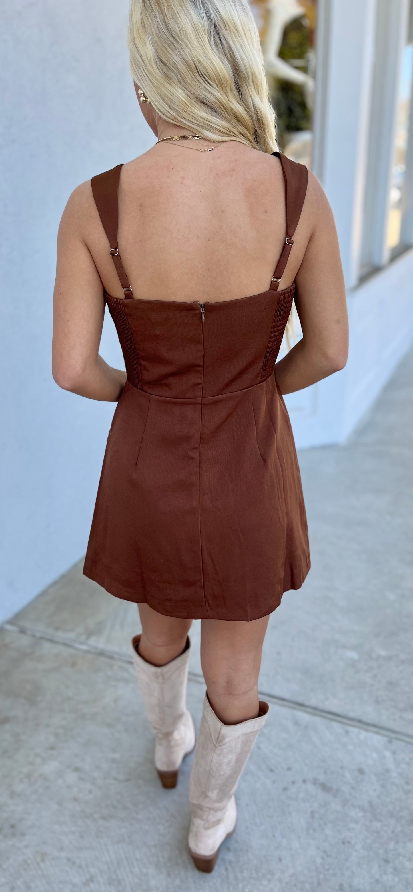 Mini Skort Romper With Faux Pockets, Mocha