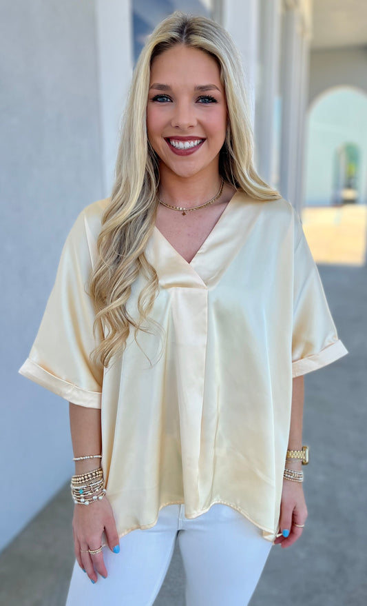 Yellow V Neck Cuff Sleeve Top