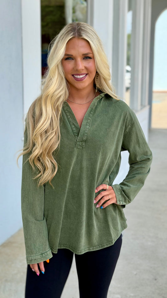 Mineral Washed Knit Collar Top, Olive