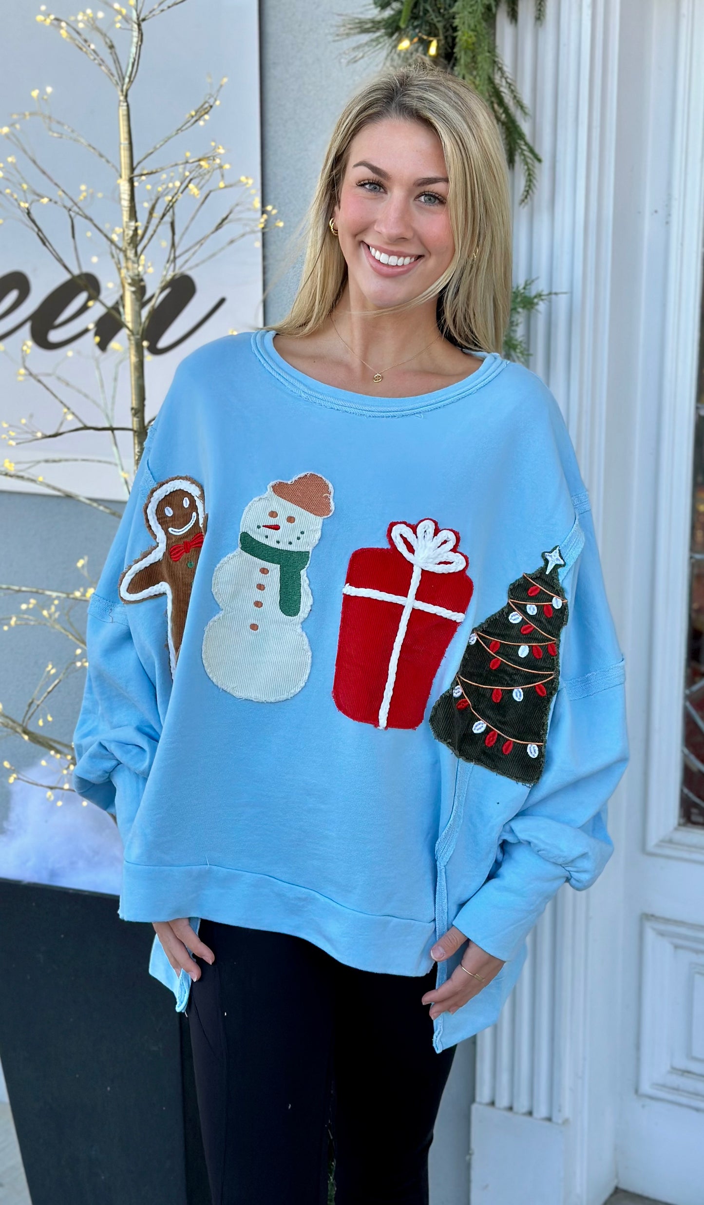Lt Blue Corduroy Christmas Patches Sweater