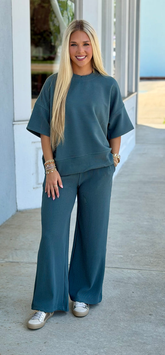 Ribbed Round Neck Tee and Pant SET, Ash Jade