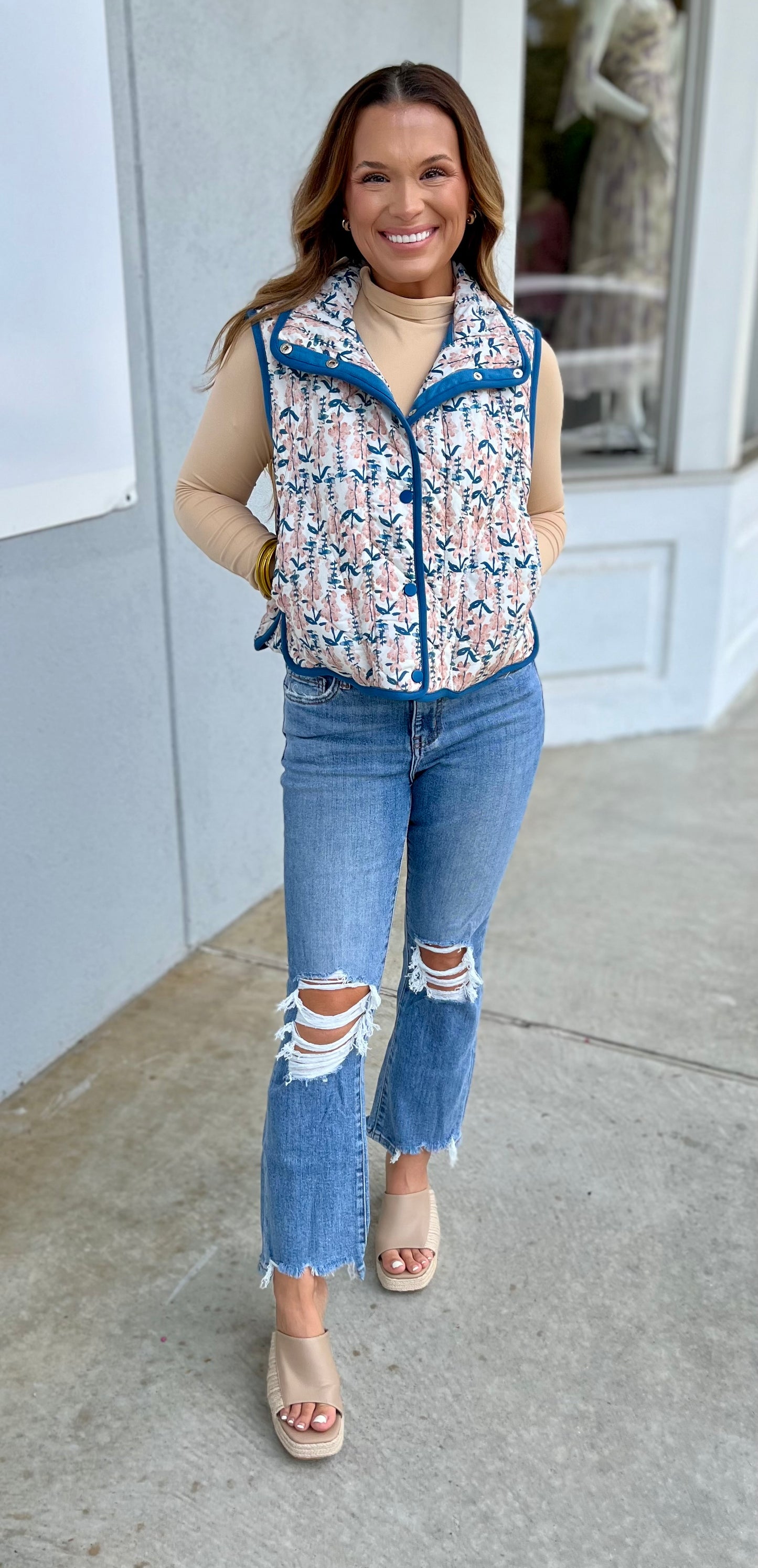 Teal Quilted Floral Print Vest
