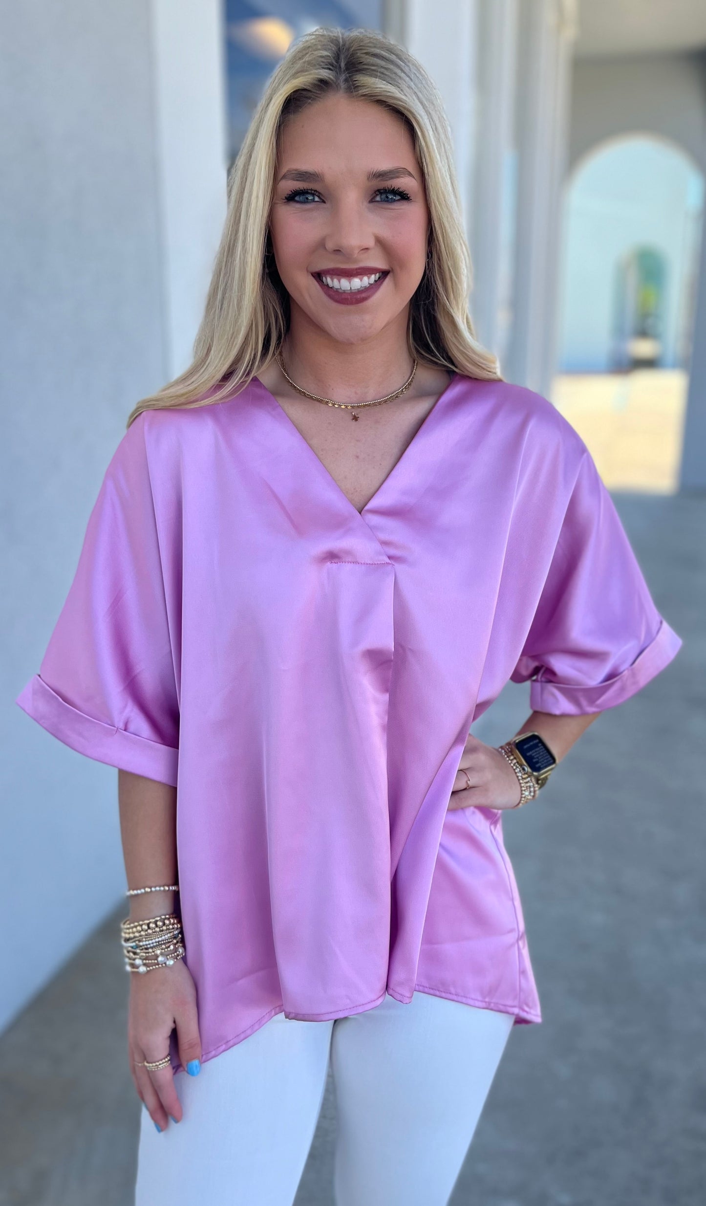 Pink V Neck Cuff Sleeve Top