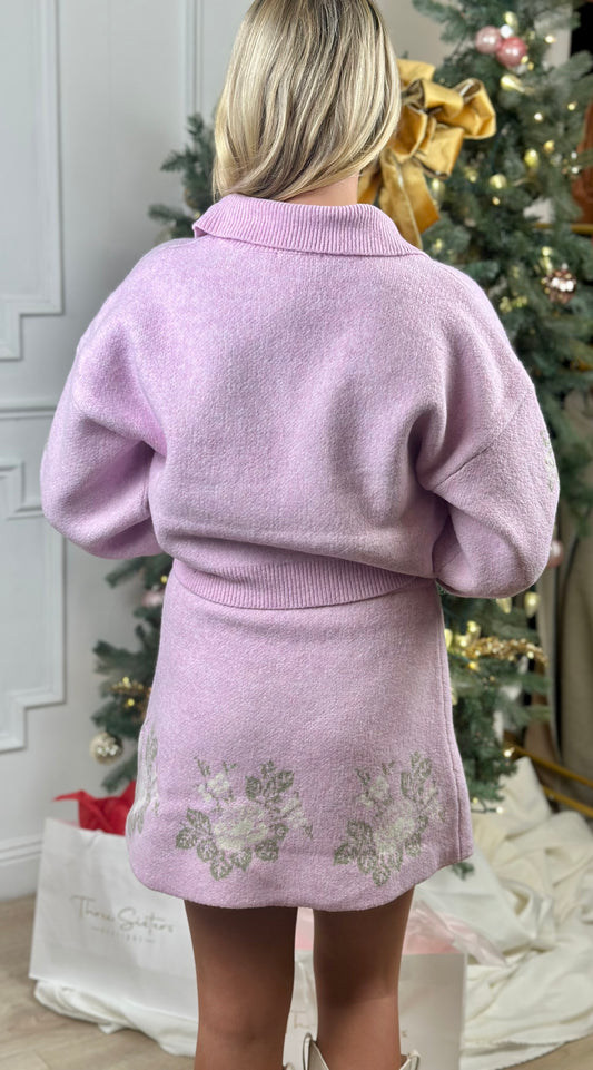 Pink Floral Knit Top and Skirt Set