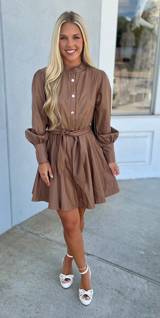Mocha Waist Sash Faux Leather Dress