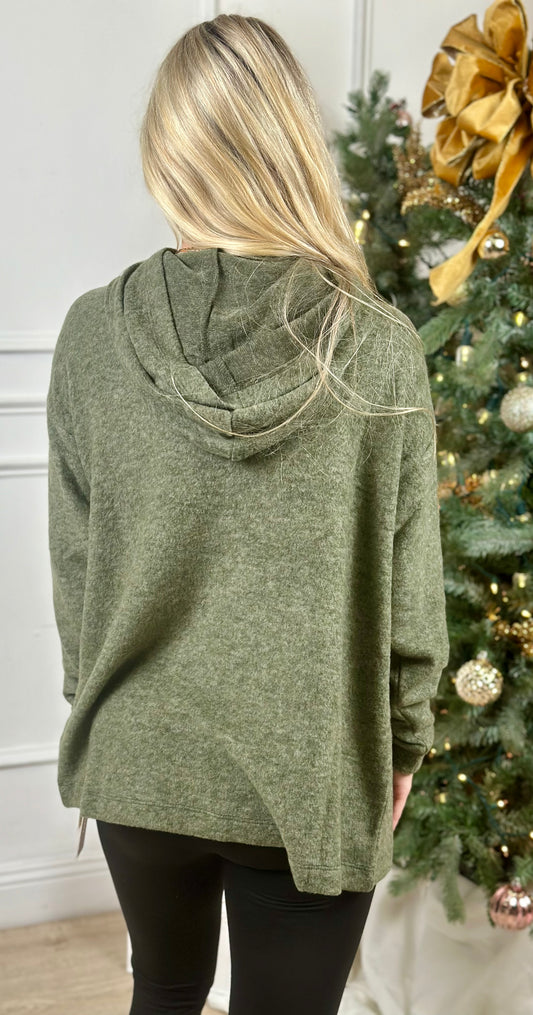 Hooded Brushed Melange Sweater, Dk Olive