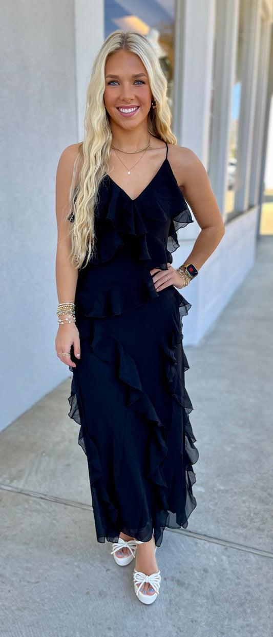 Black Layered Ruffle Detail Midi Dress