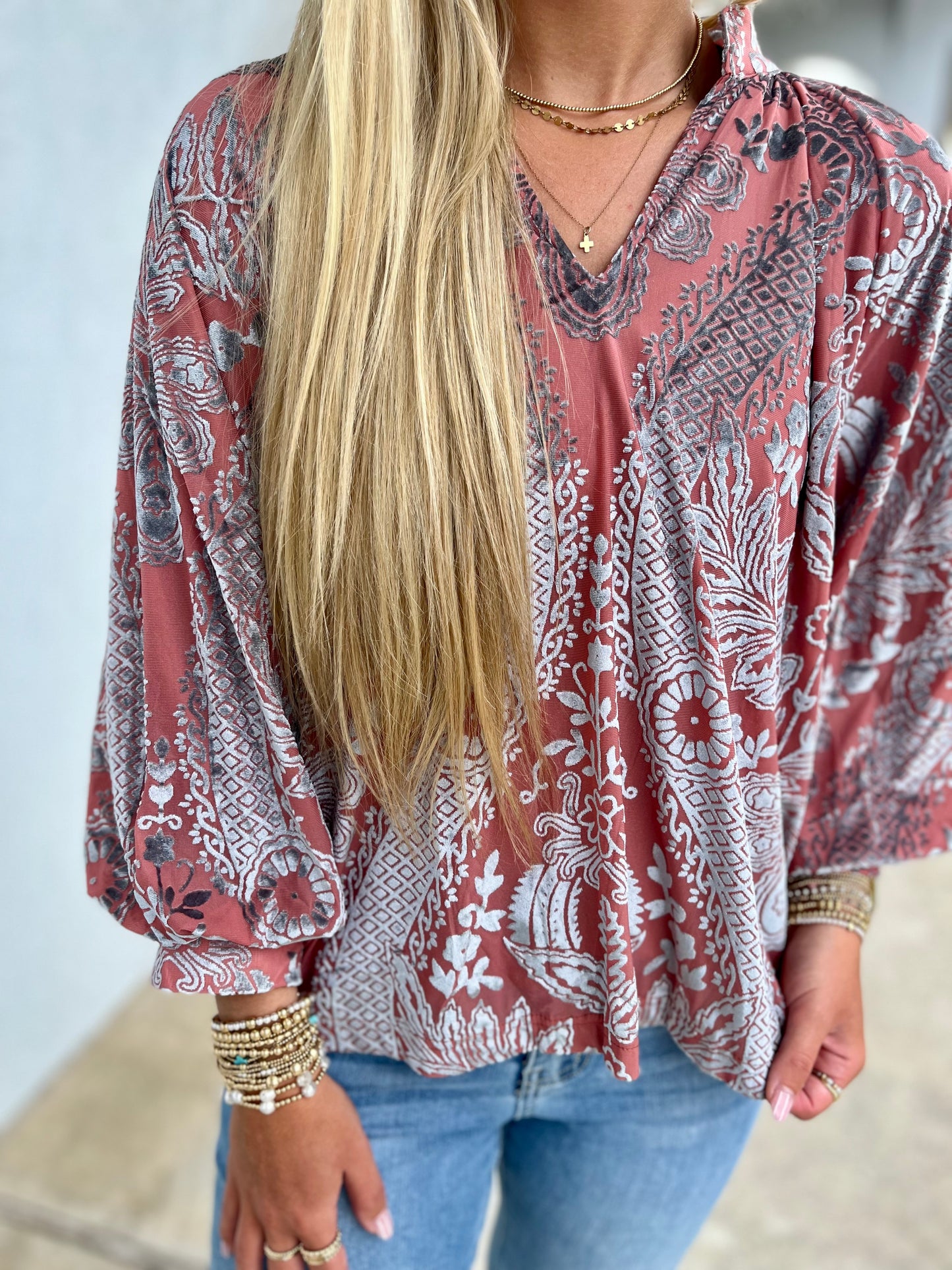 Velvet Printed Top , Dusty Rose