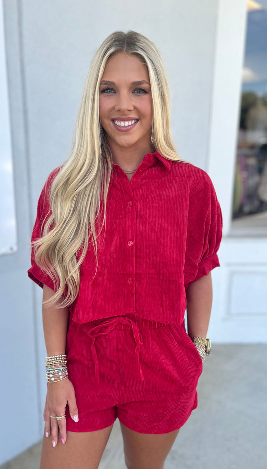 Red Corduroy Button Down Shirt With Shorts SET