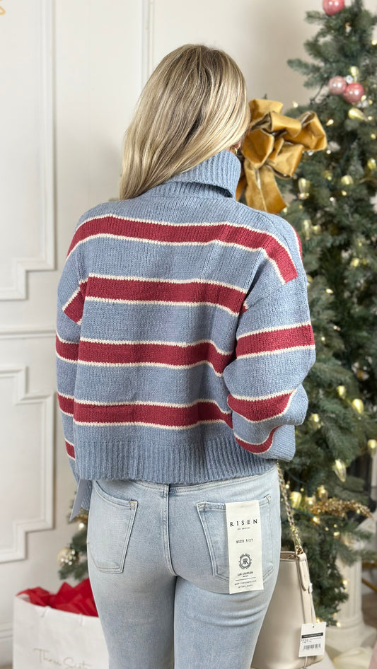 Stripe Turtleneck Sweater, Blue Combo