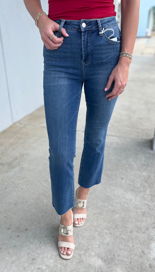 High Rise Dark Wash Kick Flare