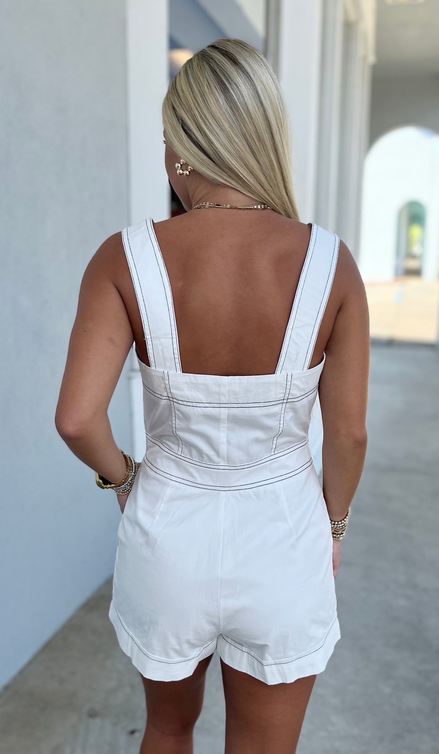 White Square Neck Button Romper