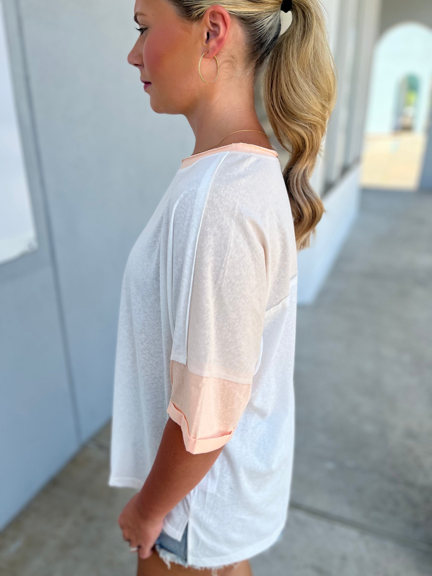 Colorblock Short Sleeve Top, Peach Salmon